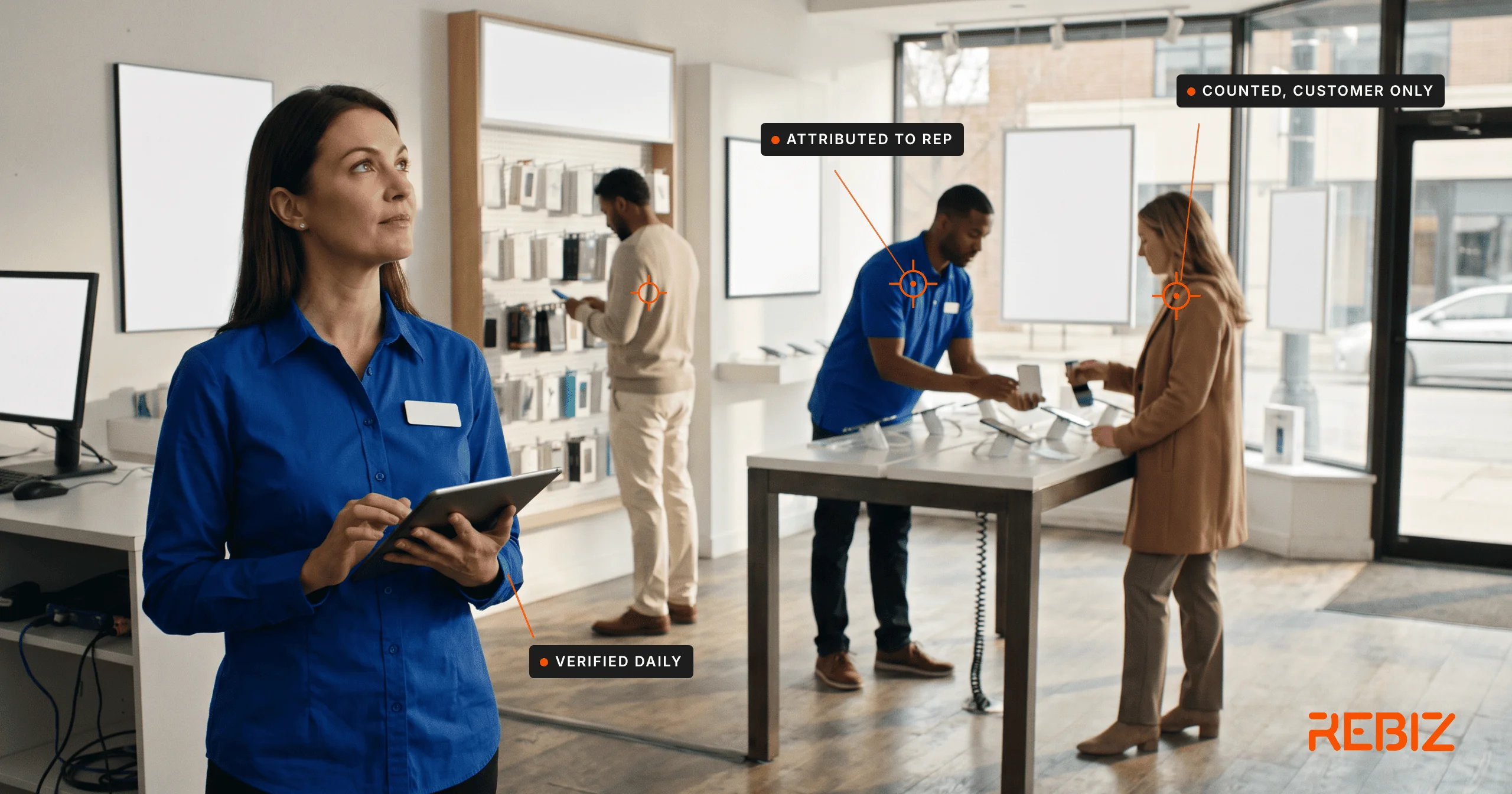 Retail monitoring on a store floor: a manager with a tablet, a counted customer and a sale credited to the rep